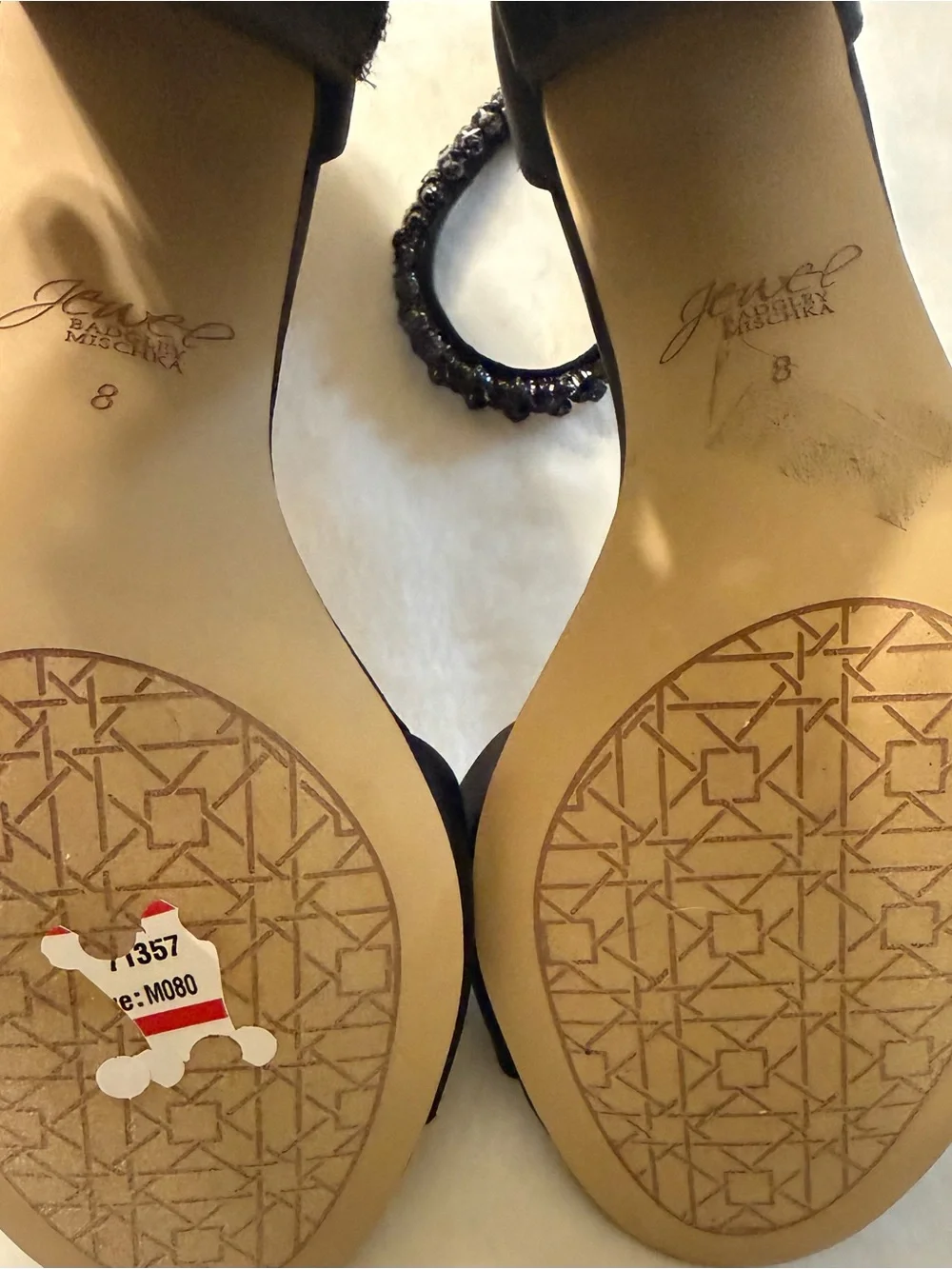 New Jewel Badgley Mischka Louise Peep-Toe Block Heel. Black. Size 8.